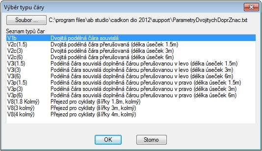 Po volbě příkazu se zobrazí dialogové okno, kde vyberete typ dvojité čáry vodorovného dopravního