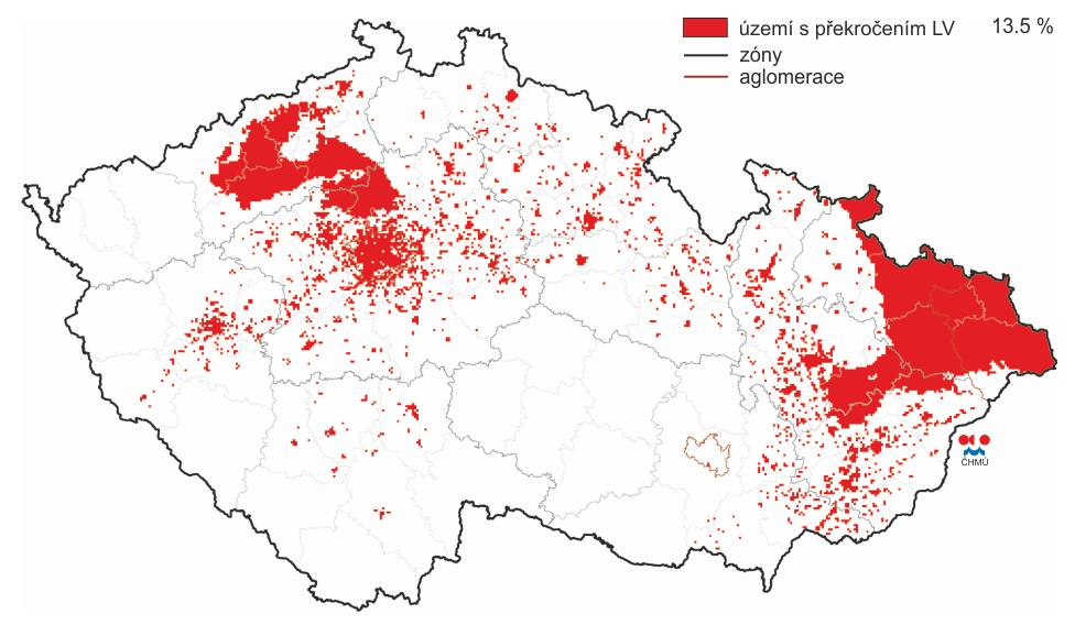 Pro rok 2014 ČHMÚ vymezil oblasti s překročením imisních limitů hromadně pro všechny znečišťující látky, které jsou sledovány z hlediska ochrany lidského zdraví.