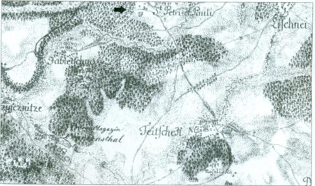 Müllerova mapa Čech- 1720 První vojenské mapování 1764 1768 Kostel se zvonicí byl