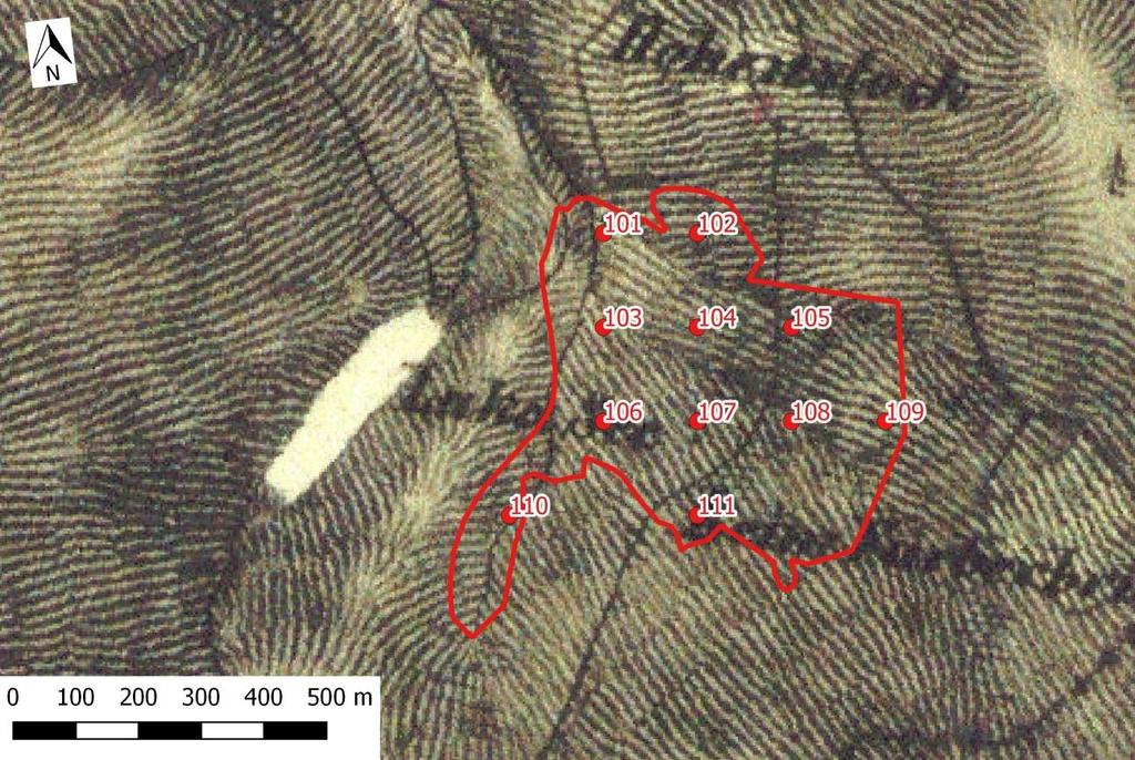 Na této mapě není vyznačený červený polygon, protože je tak nepřesná, že nebylo možné ji připojit. Dostupné online: http://oldmaps.geolab.