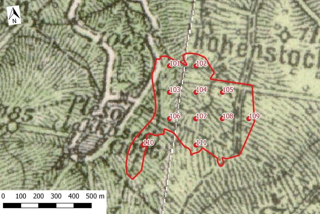 je porostlá lesem, bezlesá plocha Hohenstocku s červeněn vyznačenými dvěma objekty je umístěna severně od šetřeného území. Mapa 3. Mapa III.