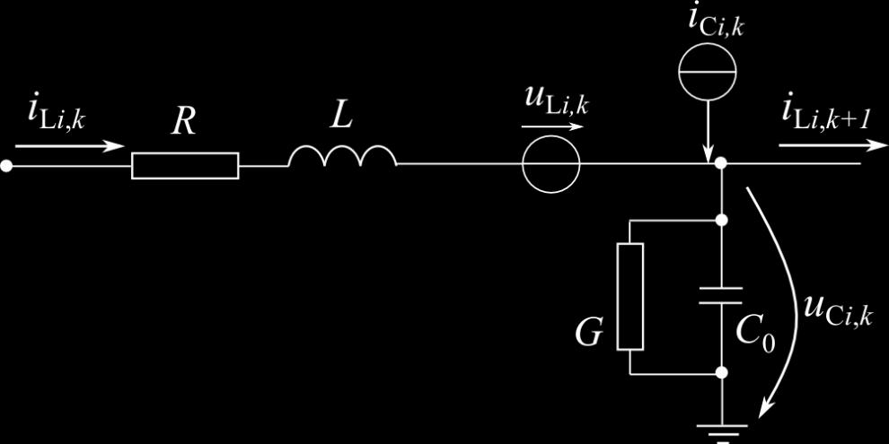 Model vedení 3.2. Základní element vedení respektující induktivní a kapacitní vazby S ohledem na předpokládaný charakter zkoumaných jevů, byl uvažován model se soustředěnými parametry.