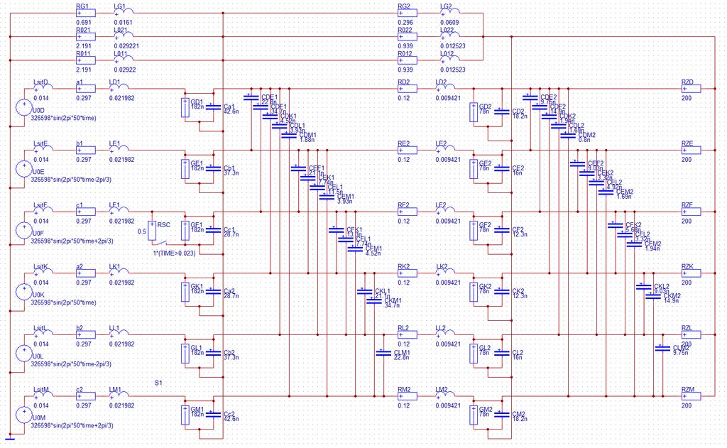 Simulace v programu Dynast a 1. linku 110 kv je vytvořen analogicky, rozdílné jsou jen velikosti pasivních parametrů a induktivních respektive kapacitních vazeb. Obr.