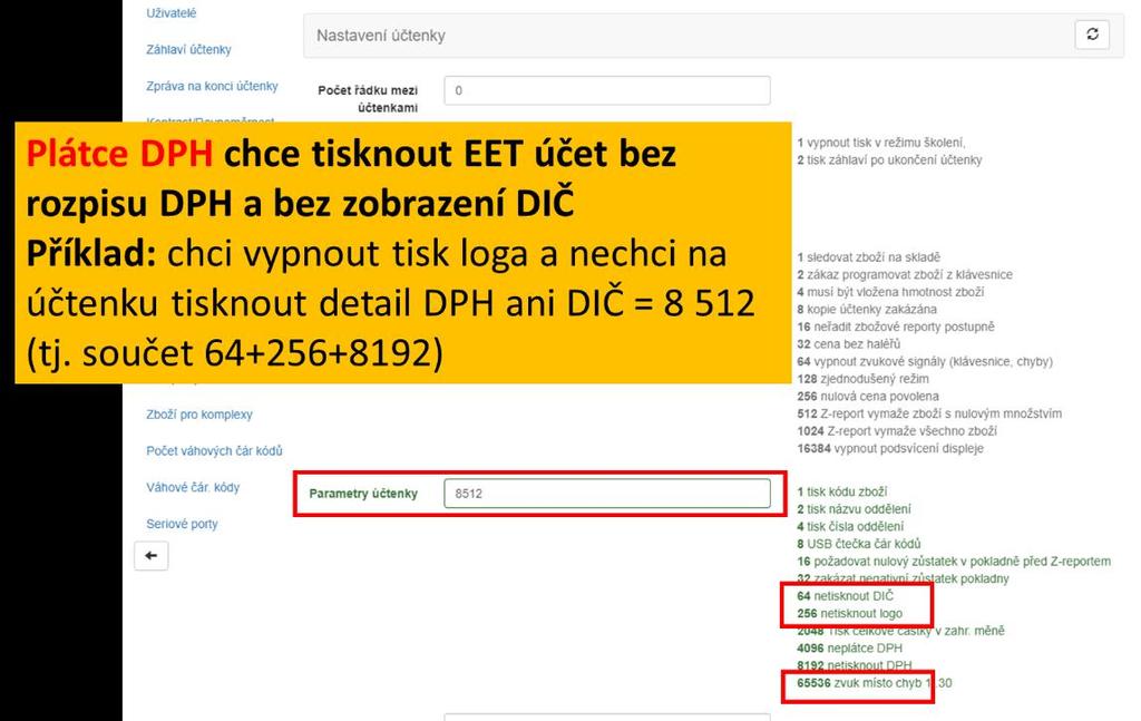 Zákon o EET nevyžaduje, aby samotná EET účtenka obsahovala detaily DPH. Níže je ukázka Nastavení prodejních položek Nastavení přes webové rozhraní kliknutím na ikonu čárového kódu PLU.