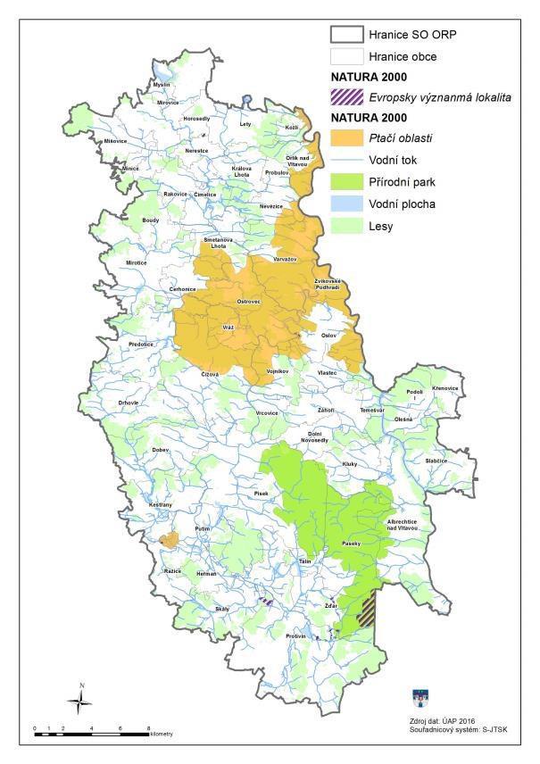 Mapa 9: Přírodní parky a NATURA 2000 ptačí oblasti a evropsky významné lokality SO ORP Písek Zdroj: RURÚ SO ORP Písek 6.1.