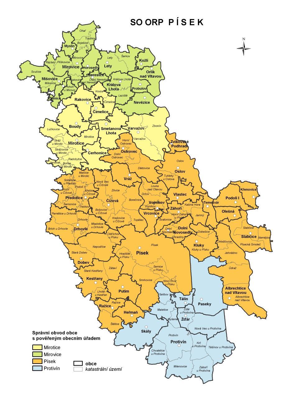 Mapa 2: Administrativní členění SO ORP Písek Zdroj: ČSÚ SO ORP Milevsko leží na severovýchodním okraji Jihočeského kraje, je vzdálen vzdušnou čarou cca 80 km od Prahy, 60 km od Českých Budějovic, 25