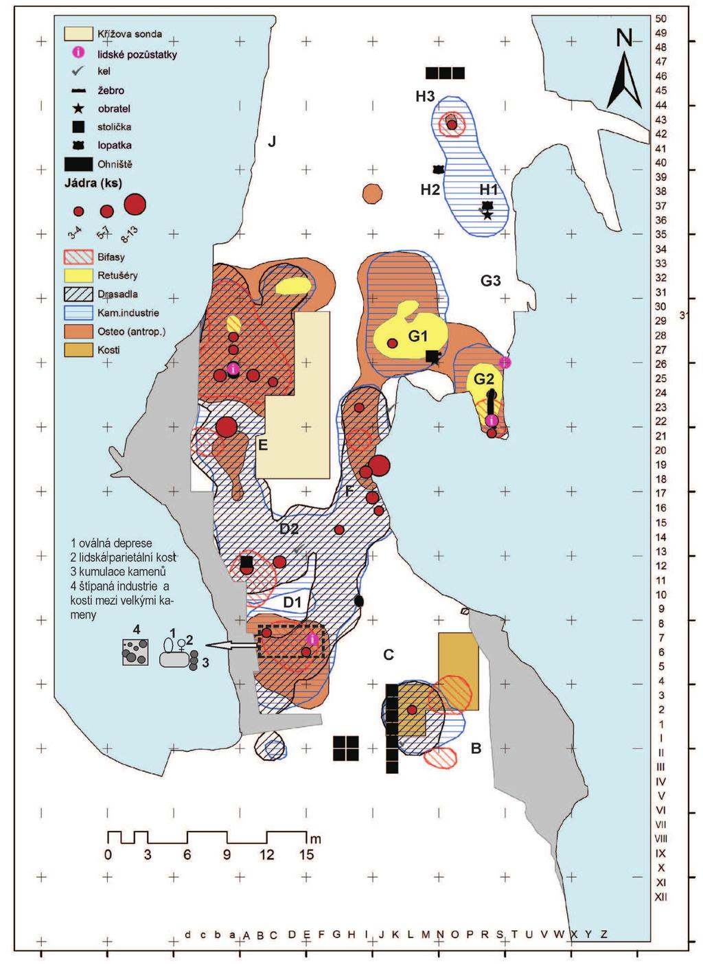 136 ACTA SPELEOLOGICA VOL. 2/2011 Obr. 3. Prostorová distribuce artefaktů v micoquienu (vrstva 7a a 7a1). Druhý nález neandertálce (v pořadí však 1.