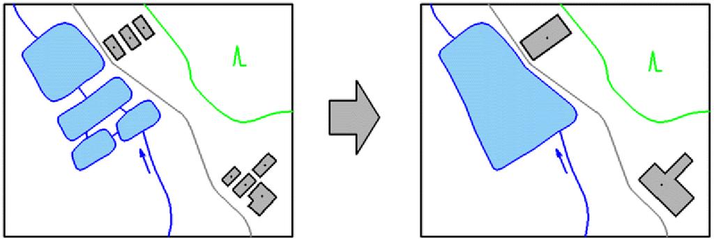 Kartografická generalizace u složitějších polygonů pomocí triangulace a tvorby kostry. Obr. 2-8 Příklad sjednocení ploch 2.2.1.