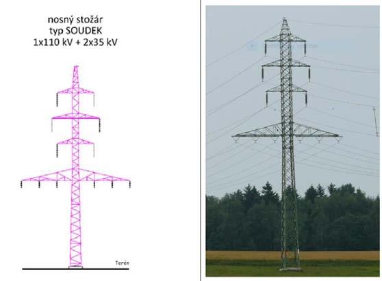 Trasa vedení část 2 Typ stožáru: Česká Lípa Varnsdorf, propojovací vedení 110 kv atypický SOUDEK 2x110/2x35 kv (návrh stožáru vyjde z typové řady pro vodiče 243-AL1/39-ST1A, který bude navýšen a