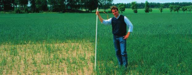 Chraňte vzcházení porostu Poradce pro rostlinnou výrobu Henrik Lillje při pokusu na pevné krustě na výzkumné farmě Brunnby Research Farm, Västerås, Švédsko, na hranici mezi neošetřeným pozemkem a