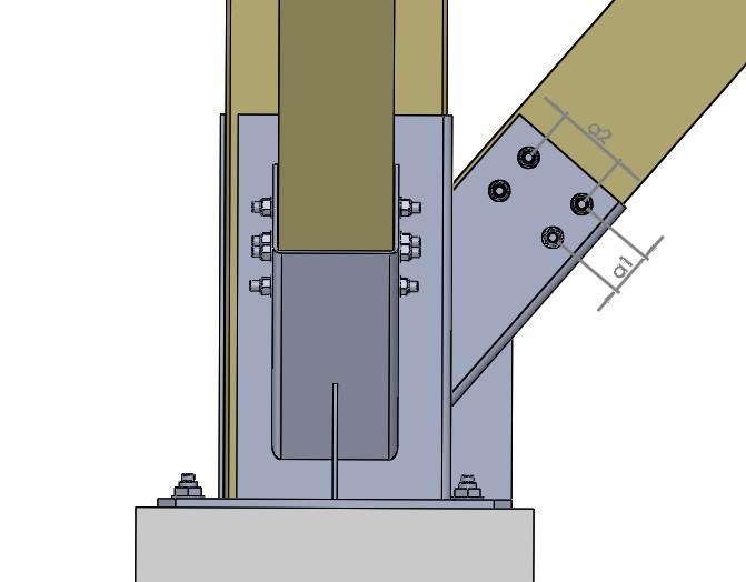 6.7 Svorníkový spoj vzpěry Diagonály jsou kotveny do ocelového prvku pod úhlem 50. Zajištěna je pomocí 4 kusů závitových tyčí M12 (viz obr. 14), třídy pevnosti 8.