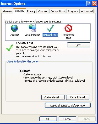 Obrazovka 70 - Internet Options - záložka Security Na této obrazovce uživatel klikne na ikonu Trusted