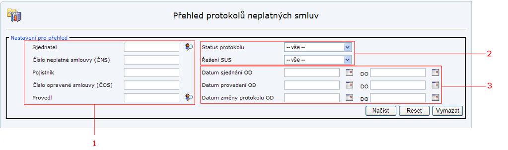 2.4.7 Přehled protokolů neplatných smluv Na této obrazovce může uživatel nahlížet na seznam protokolů neplatných smluv.
