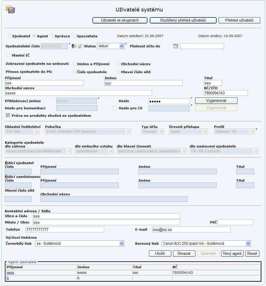 Modifikace stávajícího agenta Obrazovka 28 Uživatelé systému načíst agenta sjednatele Po načtení údajů agenta může uživatel některé údaje agenta změnit.