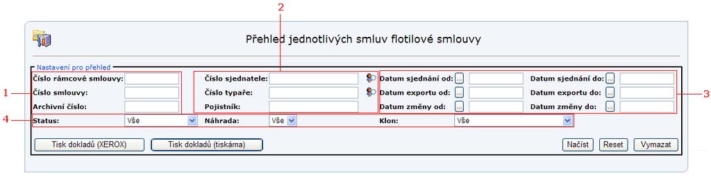 2.7 Datový sběrač 2.7.1 Přehled jednotlivých smluv flotilové smlouvy Na této obrazovce se zobrazí přehled jednotlivých smluv flotilové smlouvy. Uživatel může smlouvy zadáním podmínek výběru filtrovat.