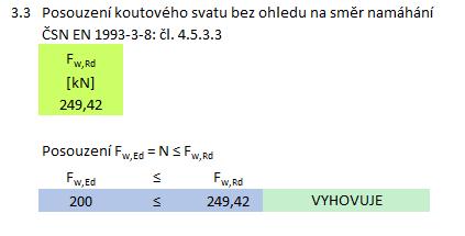 Na Obr. 6.23 jsou zrekapitulovány vstupní údaje a zobrazeny výsledky metody, která uvažuje směr namáhání. Obr. 6.23 zobrazuje výsledky metody posouzení koutového svaru bez ohledu na směr namáhání.