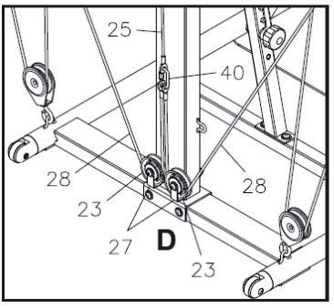 Schritt 12: zaháčknite kladku (29) na jeden z háèikov horizontálneho ramena (7) a spustite koncové oèko lanka (28) (Dåžka 3980 mm) cez kladku (29).