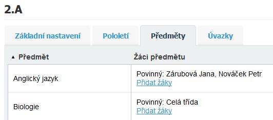 Nastavení skupin je popsáno v této příručce na str. 29. Výsledek přiřazení předmětů via skupinu vidíte na následujících obrázcích. Výsledek přiřazení předmětu žákům v panelu přidávání.