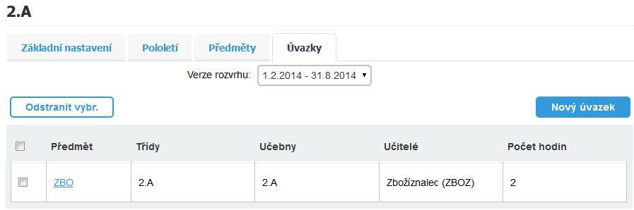 3. Dialogový panel Úvazek si zkusíme přiblížit na konkrétním příkladu: Příklad: Budeme chtít přidat úvazek celé kmenové 2.A a bude to předmět Zbožíznalství s 2 hodinovou týdenní dotací.