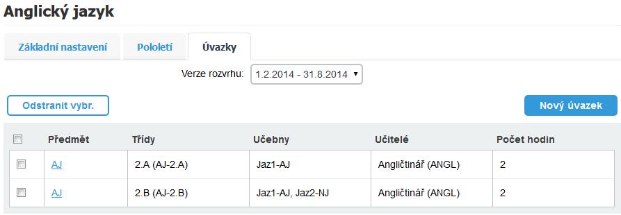 Záložka Úvazky prostřednictvím ní je jednak možné přidávat úvazek tohoto předmětu v daném pololetí učiteli (učitelům); zárovaň je křížově propojena s nastavením úvazku daného Učitele/ Třídy.