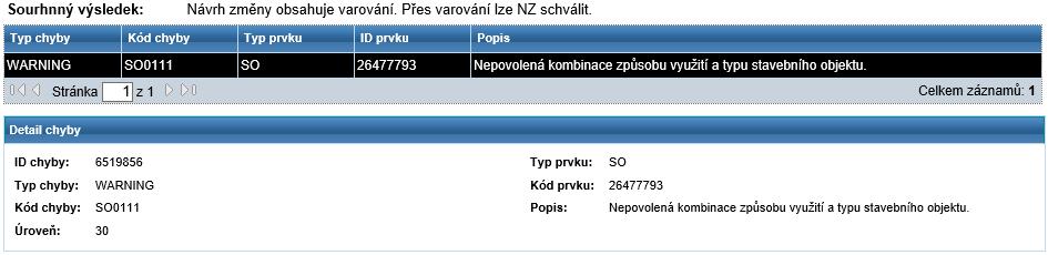 3. VAROVÁNÍ Pokud NZ obsahuje minimálně jedno varování (WARNING) a žádnou chybu (ERROR), po proběhnutí kontrol se v horní části obrazovky zobrazí systémové hlášení NZ obsahuje varování zobrazte si