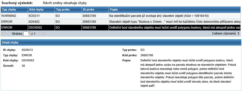 V každém řádku chyby je uveden typ (ERROR nebo WARNING) a kód konkrétní chyby a kód a typ prvku, u kterého došlo k chybě. Kliknutím na řádek se pod seznamem zobrazí detail chyby.