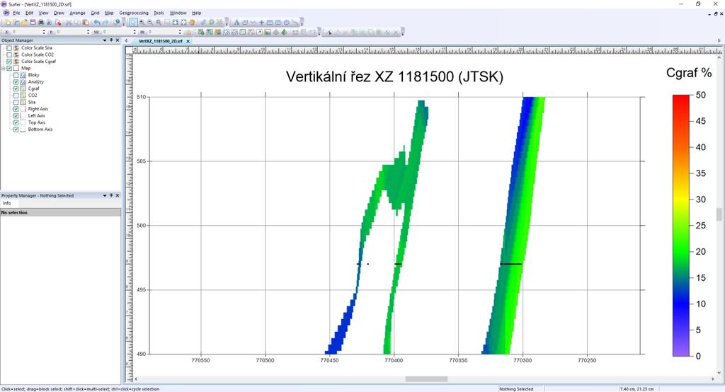 WP4 - Prostorové modelování ložisek nerostných surovin Obr. 48: Vizualizace vertikálního řezu XZ 1181500 (JTSK) (soubor VertXZ_1181500_2D.