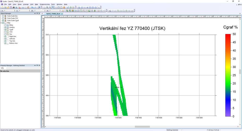 Obr. 50: Vizualizace vertikálního řezu YZ 770400 (JTSK) (soubor VertYZ_770400_2D.srf), varianta 1 v prostředí Surferu. Obr. 51: Vizualizace vertikálního řezu YZ 770400 (JTSK) (soubor VertYZ_770400_2D.