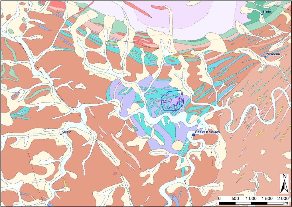 Obr. 2: Geologická mapa 1 : 50.000 českokrumlovské pestré skupiny v širším okolí ložiska Městský Vrch, s vyobrazením rozsahu 3D geologického modelu (modrý polygon).
