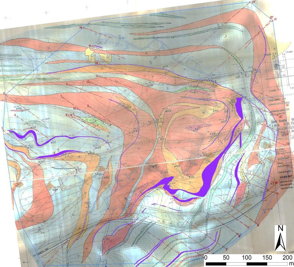 WP4 - Prostorové modelování ložisek nerostných surovin Obr. 3: Archivní povrchová geologická mapa z ložiska Městský Vrch s vyobrazením rozsahu 3D geologického modelu (modrý polygon).