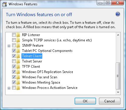 Ovládání 3. Výběrem otevřete položku Zapnutí/vypnutí funkcí Windows. 4. Zaškrtněte volbu Klient služby Telnet a potom stiskněte tlačítko OK.