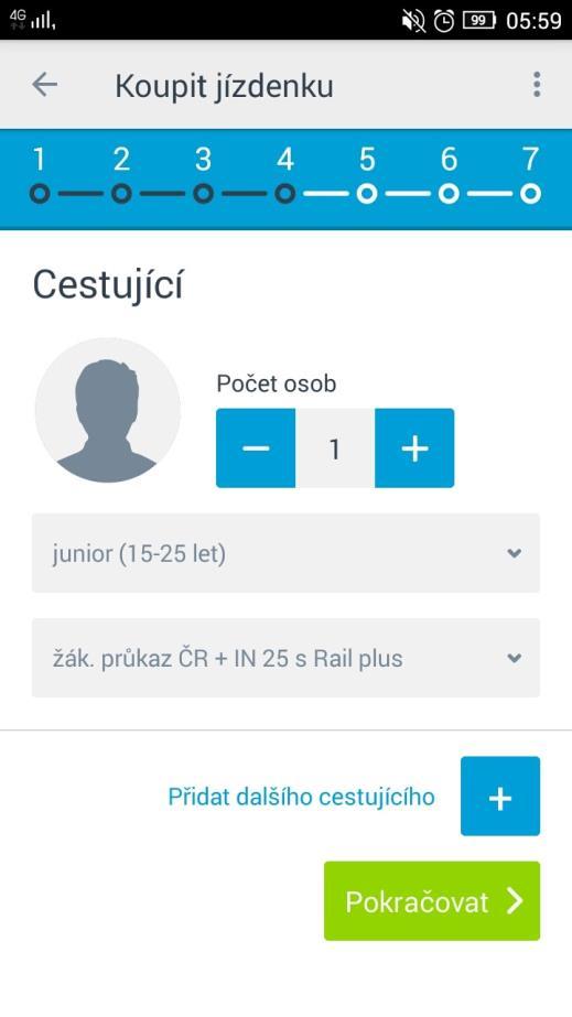 7.Krok Z volby cestujícího (Obrázek 14) do souhrnu objednávky (Obrázek 15) Obrázek 14 Volba typu cestujícího Obrázek 15 Souhrn objednávky správně du akci se Ano/ne Zelené