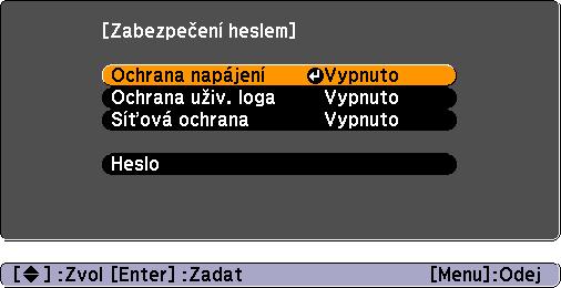 Funkce zabezpečení Projektor má následující rozšířené možnosti zabezpečení. Zabezpečení heslem Umožňuje omezit uživatele projektoru.