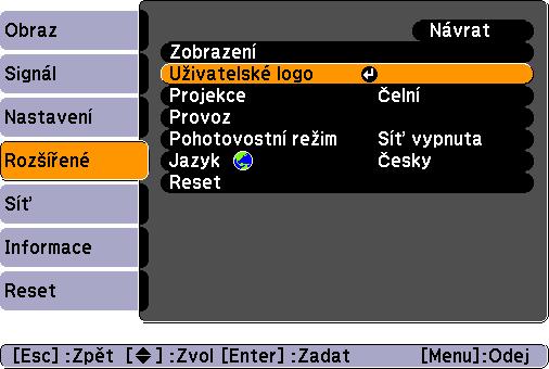 Uložení uživatelského loga (pouze EMP-83/822) Aktuálně promítaný obraz můžete uložit jako uživatelské logo. q Po uložení uživatelského loga se smaže předchozí uživatelské logo.