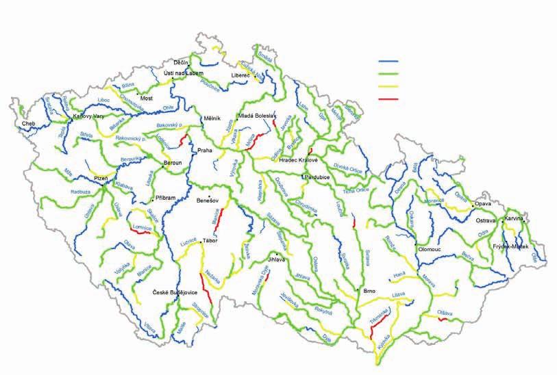 Zpráva o stavu vodního hospodářství České republiky v roce 2016 Obrázek 3.1.1 Jakost vody v tocích České republiky 1991 1992 Pramen: VÚV TGM z podkladů ČHMÚ Obrázek 3.1.2 Jakost vody v tocích České republiky 2015 2016 HODNOCENÍ PODLE ČSN 75 7221 Základní klasifikace Třída I.