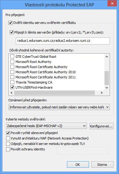 Nastavte ověřování certifikátu serveru, zadejte jména RADIUS serverů odělená středníkem a vyberte certifikační autority dle obrázku.