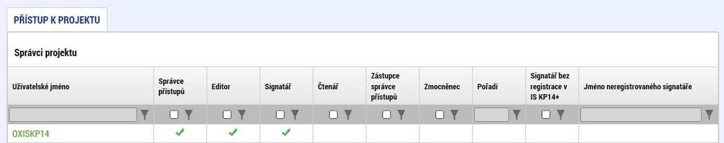 PŘÍSTUP K PROJEKTU Uživatel, který žádost založil se automaticky stává Správcem přístupů. Možno zpřístupnit žádost dalším uživatelům, včetně pracovníků technické podpory iskp@mpsv.cz.