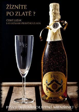 ORIGINAL CZECH GOLD LAGER je exportní reprezentativní české pivo s vločkami pravého zlata, vyráběné patentovanou metodou rozfoukání plátku zlata v láhvi.