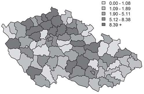 INFORMACE Z NRL A ODBORNÝCH PRACOVIŠŤ SZÚ Graf 6: PERTUSE, ČR, 2016, nemocnost na 100 000 obyvatel podle okresů Graf 7: PERTUSE, ČR, 2007 2016, průměrná nemocnost na 100 000 obyvatel podle okresů