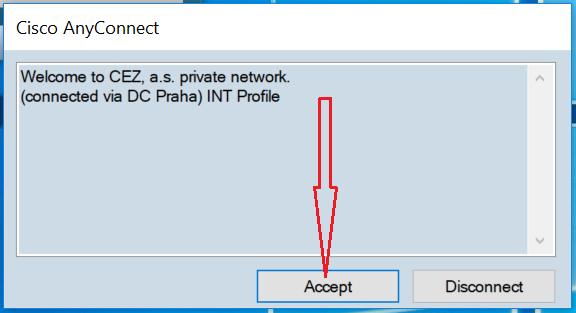 v případě úspěšného připojení do VPN se zobrazí uvítací okno pokračujte