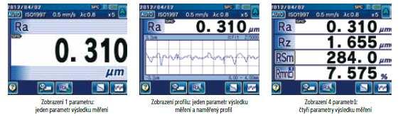 měření a naměřený profil Zobrazení 4 parametrů: čtyři parametry výsledku měření Trace display: