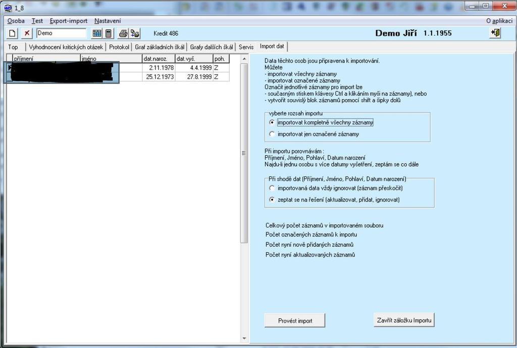 Import dat z jiných MMPI-2 (soubor s koncovkou MDB) slouží k naimportování dat ze staré verze programu MMPI-2 do verze 2013. Data v programu verze 2013 mají totiž jiný formát než starý program.