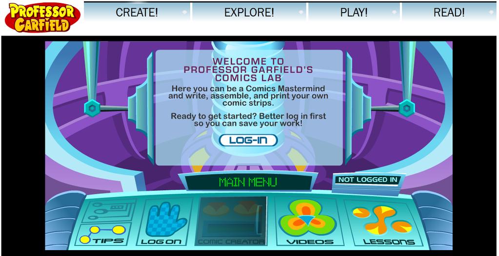 professorgarfield.org Pak už stačí jen kliknout na Create, na další obrazovce na Comics Lab, vyplnit svoje jméno po kliknutí na Log-in.
