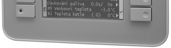 Přesun kurzoru o řádek níže nebo zvolení nižší hodnoty při nastavování parametrů kotle. Podržením tlačítka na delší dobu se změna nastavovaných hodnot zrychlí. Potvrzení úpravy daného řádku, popř.