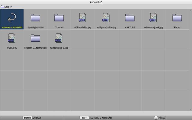 6-2. Projekce snímků na paměti USB (základní operace) 6. Použití funkce PROHLÍŽEČ Tato část popisuje základní operace funkce [PROHLÍŽEČ].