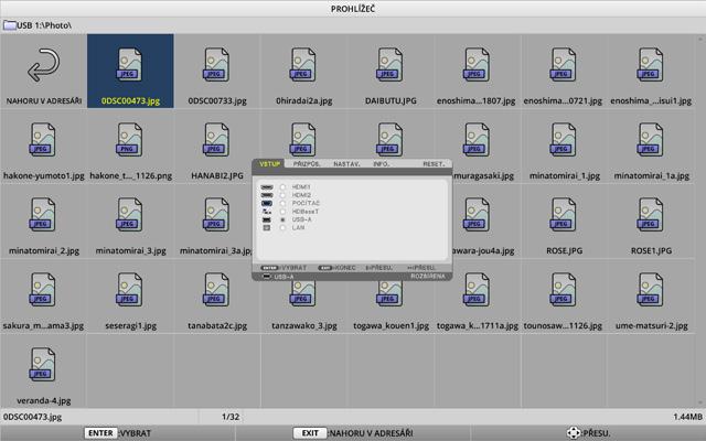 6. Použití funkce PROHLÍŽEČ 3. Chcete-li vyjmout paměť USB, stiskněte tlačítko pro přesun kurzoru na [OK] a stiskněte tlačítko ENTER. Zpráva zobrazená uprostřed obrazovky se změní. 4.
