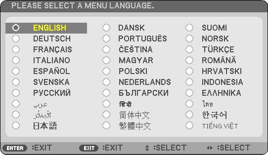 2. Promítání obrazu (základní operace) Startovací obrazovka (Nabídka volby jazyka) Při prvním zapnutí projektoru se objeví startovací nabídka. Zde si můžete zvolit některý z 30 jazyků nabídky.