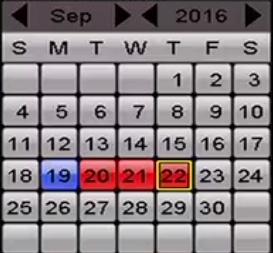 Návod k obsluze síťového videorekordéru Obrázek 6 3 Kalendář přehrávání Pokud jsou pro daný den v kalendáři k dispozici soubory záznamů z dané kamery, ikona daného dne se zobrazí různou barvou dle