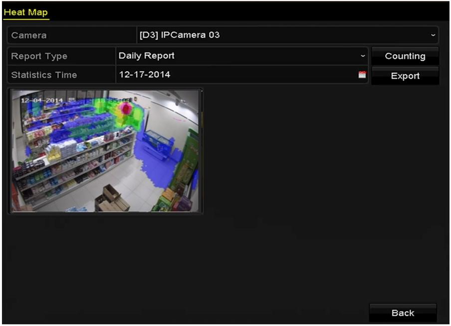 Obrázek 11 8 Okno tepelné mapy Krok 5: Kliknutím na tlačítko Counting exportujete data zprávy a spustíte statistiku tepelné mapy. Výsledky se zobrazí graficky, vyznačené rozdílnými barvami.