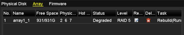 Přejděte do okna nastavení pole (Menu > HDD > RAID > Array). Stav pole je Degraded. Disk k výměně za chodu je nakonfigurován, systém proto spustí pomocí něj automatické opětovné sestavení.